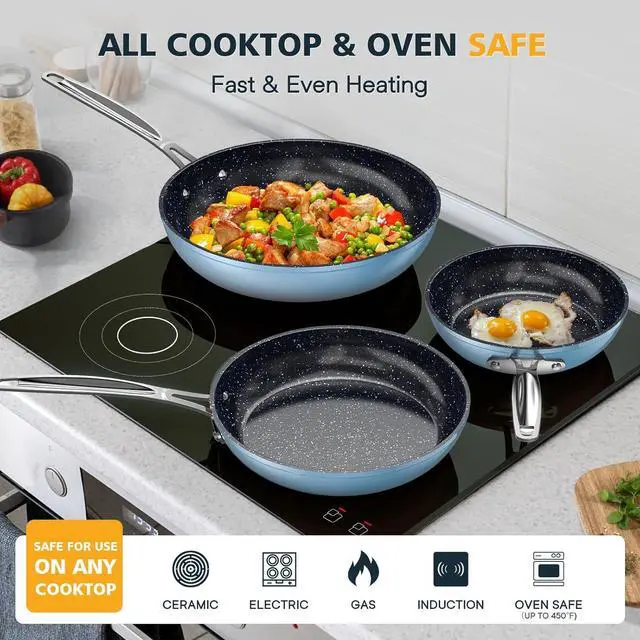 Alt view image 5 of 7 - Nuwave 3-Piece 8, 10, 12 Forged Lightweight Frying Pan Set, G10 Healthy Duralon Blue Ceramic Ultra Non-Stick, Ergonomic Stay-Cool Handles, Induction-Ready & Works on All Cooktops