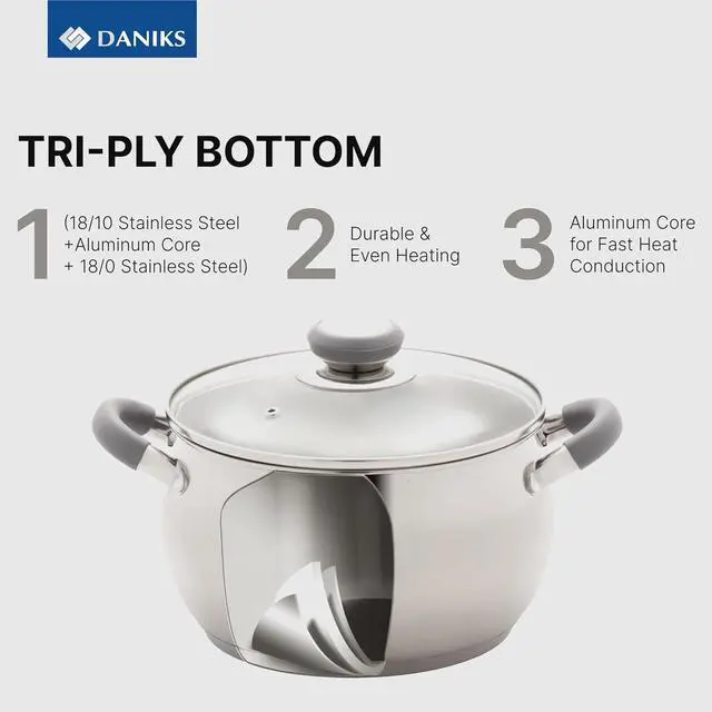Alt view image 3 of 7 - Daniks Modern Stainless Steel Stock Pot with Glass Lid  Induction 4 Quart, Dishwasher Safe, Heatproof Handles, For Soup, Pasta, Stew, Silver