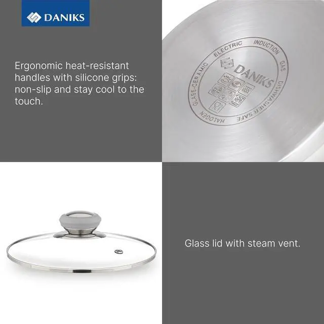 Alt view image 4 of 7 - Daniks Modern Stainless Steel Stock Pot with Glass Lid  Induction 4 Quart, Dishwasher Safe, Heatproof Handles, For Soup, Pasta, Stew, Silver