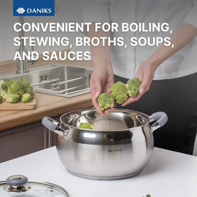 Alt view image 5 of 7 - Daniks Modern Stainless Steel Stock Pot with Glass Lid  Induction 4 Quart, Dishwasher Safe, Heatproof Handles, For Soup, Pasta, Stew, Silver
