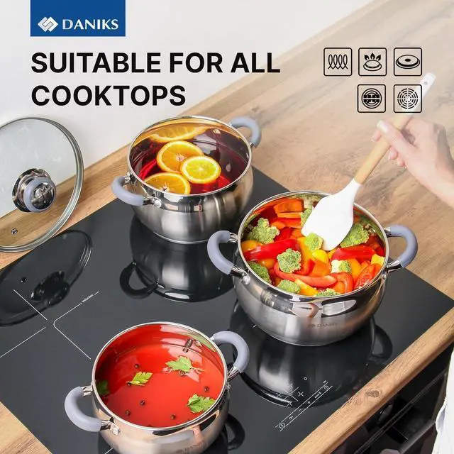 Alt view image 6 of 7 - Daniks Modern Stainless Steel Stock Pot with Glass Lid  Induction 4 Quart, Dishwasher Safe, Heatproof Handles, For Soup, Pasta, Stew, Silver