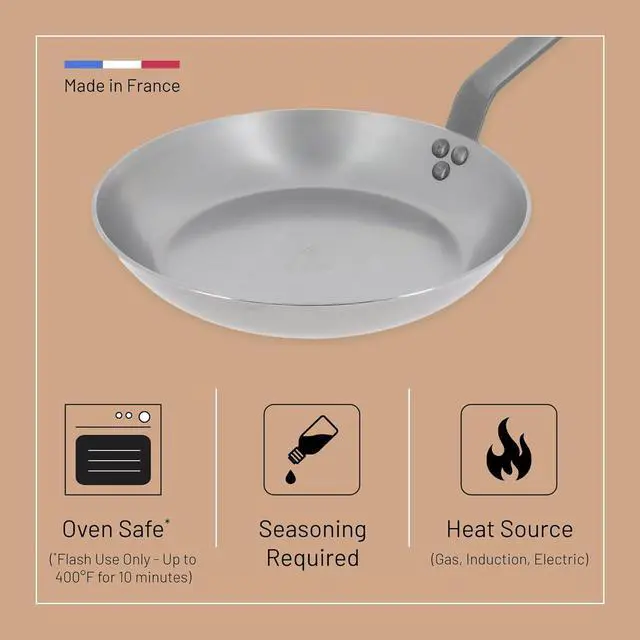 Alt view image 3 of 7 - De Buyer MINERAL B Carbon Steel Fry Pan - 10.25 Diameter, 7.3 Cooking Surface - Ideal for Searing, Sauteing & Reheating - PFAS, PFOA & PFOS Free - Made in France