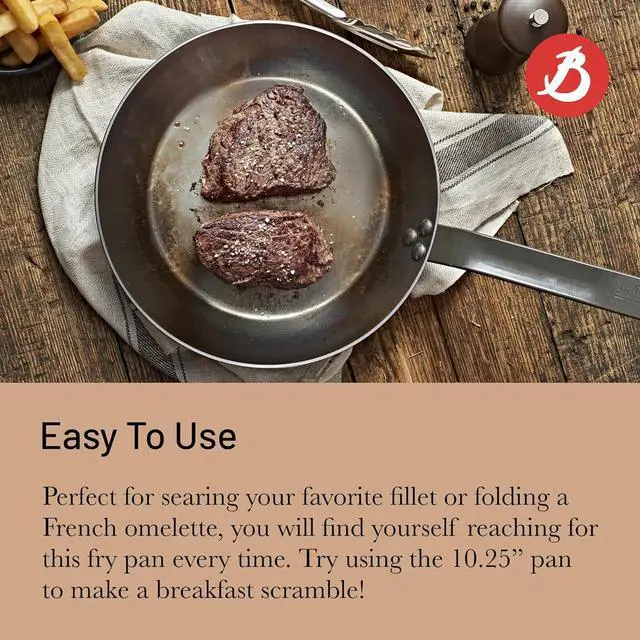 Alt view image 4 of 7 - De Buyer MINERAL B Carbon Steel Fry Pan - 10.25 Diameter, 7.3 Cooking Surface - Ideal for Searing, Sauteing & Reheating - PFAS, PFOA & PFOS Free - Made in France