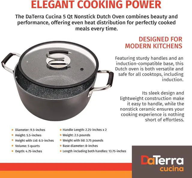 Alt view image 2 of 7 - DaTerra Cucina - 5 Qt Nonstick Ceramic Dutch Oven Pot with Lid  Lightweight Nonstick Pot with Dual Handles, Perfect for Soup, Pasta, Sautéing, Searing, Induction & Stovetop Safe - Black
