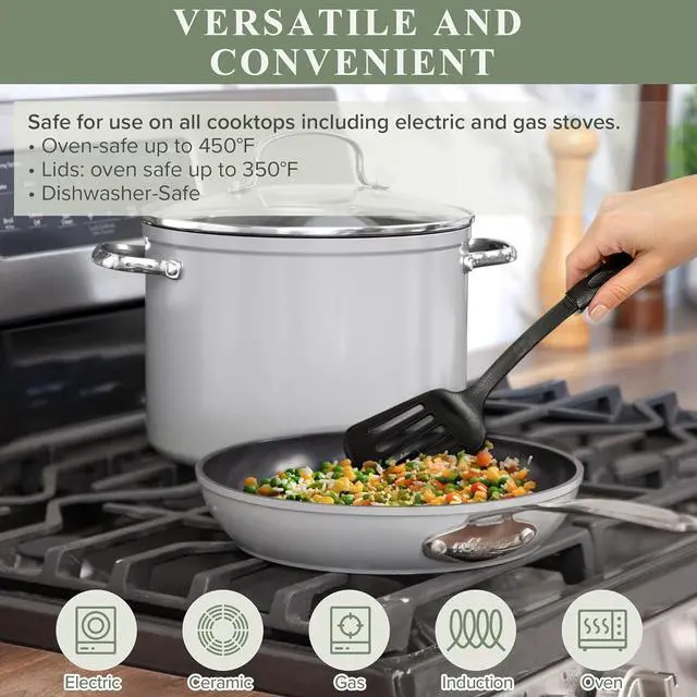 Alt view image 3 of 7 - Nuwave Healthy Duralon Blue Ceramic Nonstick Cookware Set, Diamond Infused Scratch-Resistant, PFAS Free, Dishwasher & Oven Safe, Induction Ready & Evenly Heats, Tempered Glass Lids & Stay-Cool Handles