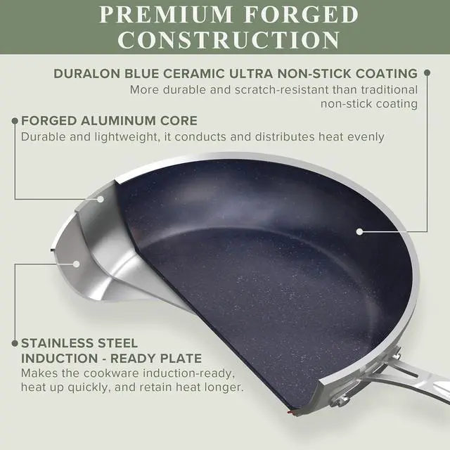 Alt view image 2 of 7 - Nuwave Healthy Duralon Blue Ceramic Nonstick Cookware Set, Diamond Infused Scratch-Resistant, PFAS Free, Dishwasher & Oven Safe, Induction Ready & Evenly Heats, Tempered Glass Lids & Stay-Cool Handles