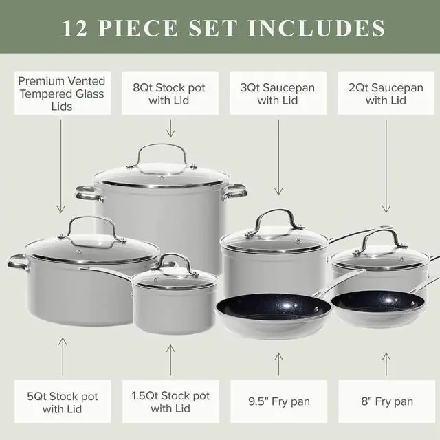 Alt view image 7 of 7 - Nuwave Healthy Duralon Blue Ceramic Nonstick Cookware Set, Diamond Infused Scratch-Resistant, PFAS Free, Dishwasher & Oven Safe, Induction Ready & Evenly Heats, Tempered Glass Lids & Stay-Cool Handles