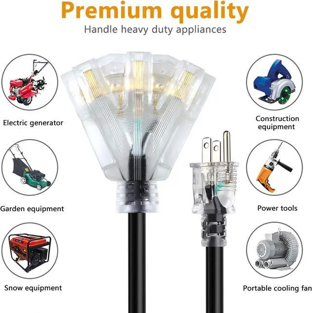 Alt view image 2 of 7 - 10 FT 12/3 Extension Cord Heavy Duty Black 3-Outlet Indoor/Outdoor SJTW Lighted 12-Gauge Grounded Power Cable,12AWG 15 Amp, 1875 WattsUL ListedSafety
