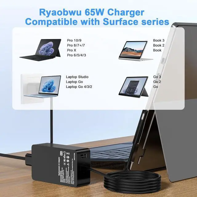 Alt view image 2 of 7 - 65W Laptop Charger Compatible with Microsoft Surface Pro 11 10 9 8 3 7 7+ 6 5 4 X,Compatible with Surface Windows Laptop 7 6 5 4 3 2 1,Book 3 2 1 65W 44W 36W Power Supply Cord