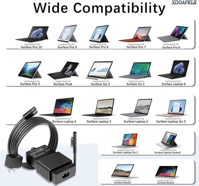 Alt view image 5 of 7 - 65W Surface Pro Charger Compatible with Microsoft Surface Pro 10, 9, 8, 7, 6, 5, 4, 3, X, Windows Surface Laptop 5, 4, 3, 2, 1 Studio, Surface Book 3, 2, 1, Surface Go 4 3 2 1 Charger