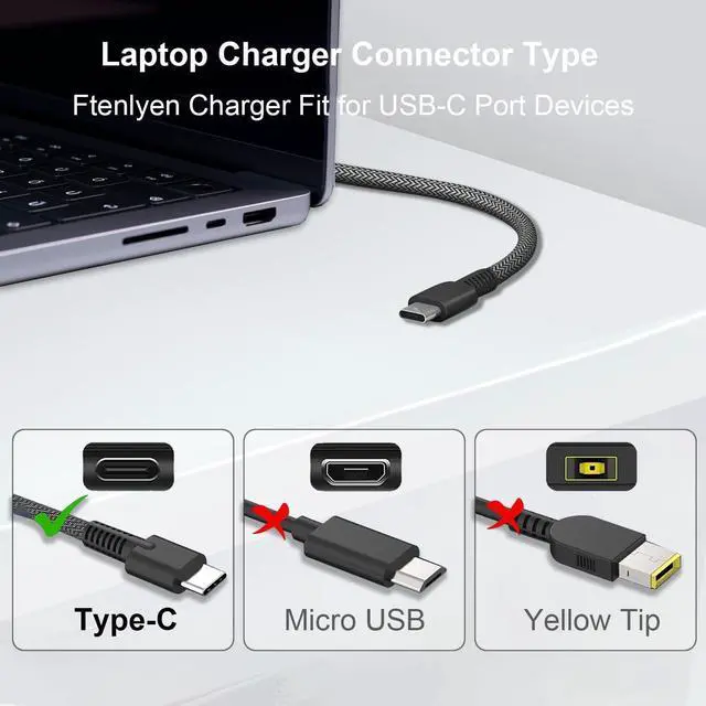 Alt view image 2 of 6 - New Slim 65W Laptop Charger USB C Compatible with HP Envy X360, Spectre X360, Elitebook 840 G11 G10, Probook, Chromebook Type C Power Cord Ac Adapter