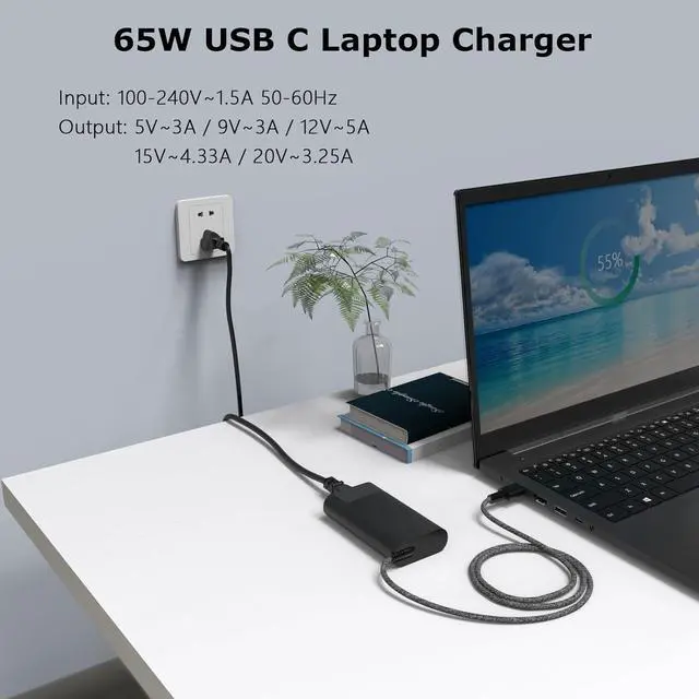 Alt view image 3 of 7 - New Slim 65W USB C Laptop Charger, Compatible with HP EliteBook, Envy, OmniBook, ProBook, ZBook, Spectre, Chromebook, Pavilion, Elite x2-Type C Travel Power Adapter Supply Cord