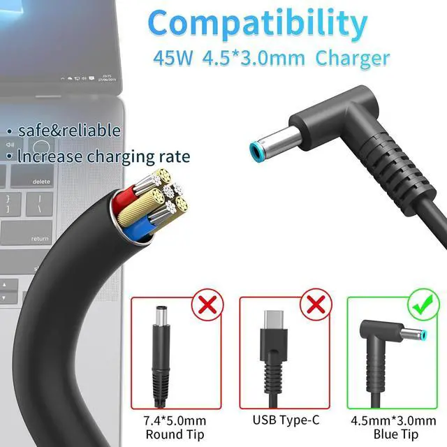 Alt view image 7 of 7 - 45W Charger 741727-001 L25296-011 213349-109 TPN-LA15 Compatible with HP Notebook Stream Pavilion Envy X360 TPN-CA14 r-41013153 L25296-001 L25296-002 L25296-003 Smart Blue tip Laptop Power Adapter
