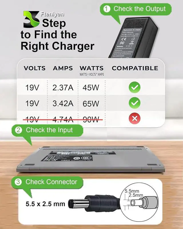 Alt view image 2 of 6 - 65W AC Adapter Charger Compatible with Toshiba Satellite C55 C55D C655 C855 C855D L745 L655 L755 L55 P755 Z30 Z930 Z830 S55 S55T A665 C55-A C55T C75D E45T PA3714U-1ACA Power Supply Cord