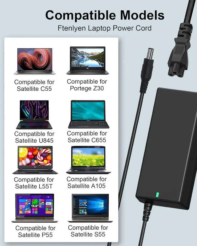 Alt view image 4 of 6 - 65W AC Adapter Charger Compatible with Toshiba Satellite C55 C55D C655 C855 C855D L745 L655 L755 L55 P755 Z30 Z930 Z830 S55 S55T A665 C55-A C55T C75D E45T PA3714U-1ACA Power Supply Cord