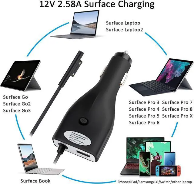 Alt view image 5 of 7 - Surface Car Charger, 42W 12V 2.58A Power Supply for Microsoft Surface Pro 3/Pro 4/Pro 5/Pro 6, Surface Book, Surface Go, Surface Laptop with 5V 2.1A USB Charging Port (5Ft Cord)