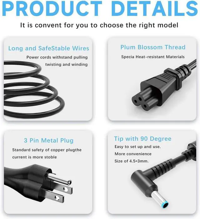Alt view image 6 of 7 - 65W AC Power Charger, Compatible with HP Probook and Pavilion Laptops, Fast Charging, 19.5V 3.33A, 4.5*3.0mm Blue Connector, Charging Adapter Cord