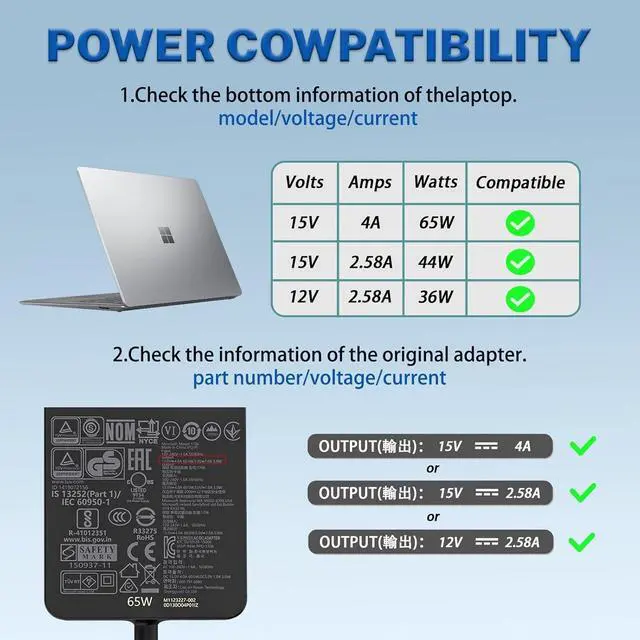 Alt view image 3 of 7 - 65W 44W 1796 1706 1800 1625 Laptop Charger Compatible with  Surface Pro 10 9 8 7+ 7 6 Windows 5 4 3 2 Fit Model 1876 1943 1950 1958 1866 1724 1963 1796 1769 1735 Tablet Power Supply