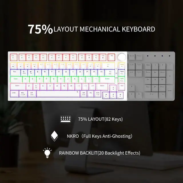 Alt view image 5 of 7 - Newmen GM326 75% Percent Mechanical Keyboard,Wired Mini Backlit Hot Swappable Gaming Mechanical Keyboard with Knob,82 Keys Anti-Ghosting Compact White Gaming Keyboards for PC Win Mac,Red Switch