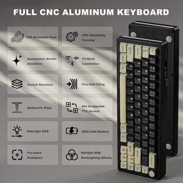 Alt view image 2 of 7 - YUNZII AL66 Wireless Mechanical Keyboard,Full Aluminum CNC,65% Knob Control,Bluetooth/2.4G/Wired,Hot Swappable Pre-lubed Switches,Gasket Mounted RGB for Win/Mac(Milk Switch, Black)