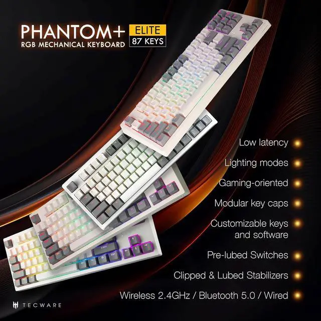 Alt view image 2 of 6 - TECWARE Phantom+ Elite 87 Key RGB Mechanical Gaming Keyboard, LED Backlit, Universal Hot-Swap, Wired and Wireless, 3 Mode Connectivity, Thocky Sounding, White Elite Wraith Orange