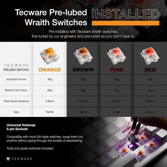 Alt view image 3 of 6 - TECWARE Phantom+ Elite 87 Key RGB Mechanical Gaming Keyboard, LED Backlit, Universal Hot-Swap, Wired and Wireless, 3 Mode Connectivity, Thocky Sounding, White Elite Wraith Orange