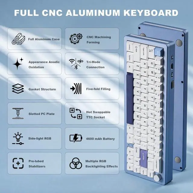 Alt view image 2 of 7 - YUNZII AL66 Wireless Mechanical Keyboard,Full Aluminum CNC,65% Knob Control,Bluetooth/2.4G/Wired,Hot Swappable Pre-lubed Switches,Gasket Mounted RGB for Win/Mac(Milk Switch, Blue)