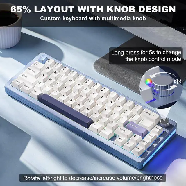 Alt view image 6 of 7 - YUNZII AL66 Wireless Mechanical Keyboard,Full Aluminum CNC,65% Knob Control,Bluetooth/2.4G/Wired,Hot Swappable Pre-lubed Switches,Gasket Mounted RGB for Win/Mac(Milk Switch, Blue)