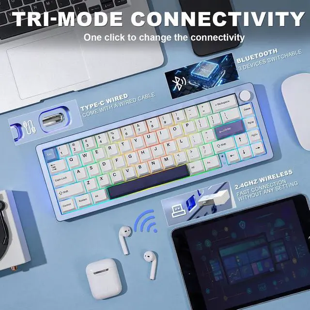 Alt view image 3 of 7 - YUNZII AL66 Wireless Mechanical Keyboard,Full Aluminum CNC,65% Knob Control,Bluetooth/2.4G/Wired,Hot Swappable Pre-lubed Switches,Gasket Mounted RGB for Win/Mac(Milk Switch, Blue)