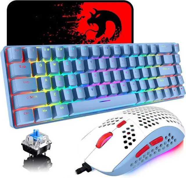 Main image of 65% Wired Gaming Mechanical Keyboard and Mouse Combo, Mini 68 Keys, RGB Backlight, Lightweight RGB 6400DPI Honeycomb Optical Mouse,Mouse Pad Compatible with PS4,Xbox,PC,Laptop,MAC (Blue/Blue Switch)