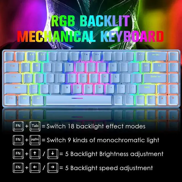 Alt view image 2 of 7 - 65% Wired Gaming Mechanical Keyboard and Mouse Combo, Mini 68 Keys, RGB Backlight, Lightweight RGB 6400DPI Honeycomb Optical Mouse,Mouse Pad Compatible with PS4,Xbox,PC,Laptop,MAC (Blue/Blue Switch)