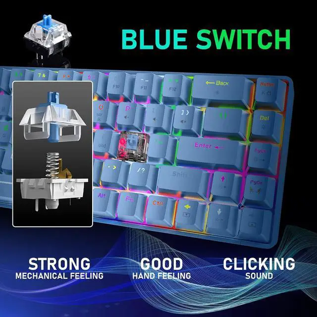 Alt view image 5 of 7 - 65% Wired Gaming Mechanical Keyboard and Mouse Combo, Mini 68 Keys, RGB Backlight, Lightweight RGB 6400DPI Honeycomb Optical Mouse,Mouse Pad Compatible with PS4,Xbox,PC,Laptop,MAC (Blue/Blue Switch)