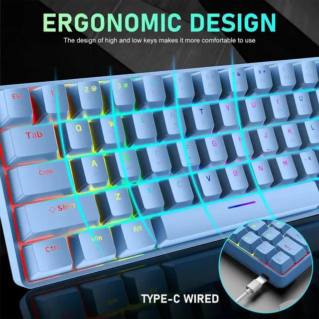 Alt view image 3 of 7 - 65% Wired Gaming Mechanical Keyboard and Mouse Combo, Mini 68 Keys, RGB Backlight, Lightweight RGB 6400DPI Honeycomb Optical Mouse,Mouse Pad Compatible with PS4,Xbox,PC,Laptop,MAC (Blue/Blue Switch)