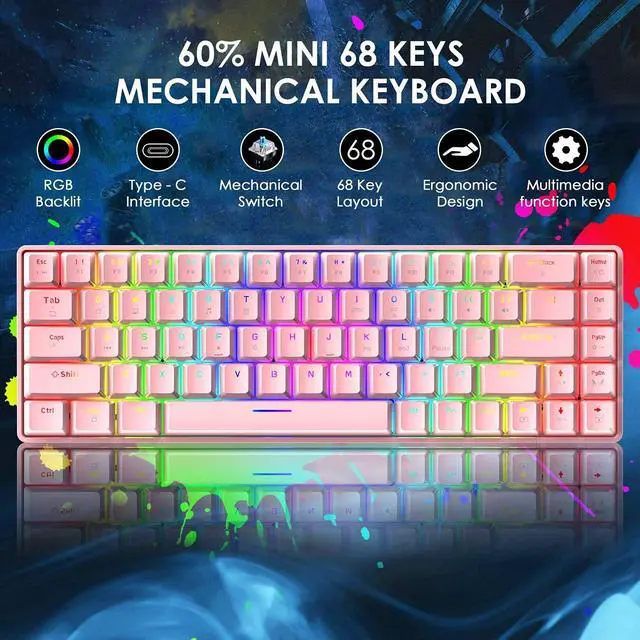 Alt view image 2 of 7 - LexonElec 60% Mechanical Gaming Keyboard and Mouse Combo with Mouse Bungee Mouse Pad,Mini 68 Keys Wired Type C 18 Backlit Effects,Lightweight RGB 6400DPI Honeycomb Mice(Pink/Blue Switch)