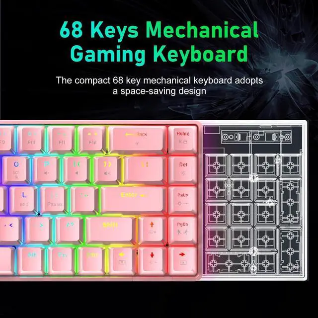 Alt view image 3 of 7 - LexonElec 60% Mechanical Gaming Keyboard and Mouse Combo with Mouse Bungee Mouse Pad,Mini 68 Keys Wired Type C 18 Backlit Effects,Lightweight RGB 6400DPI Honeycomb Mice(Pink/Blue Switch)