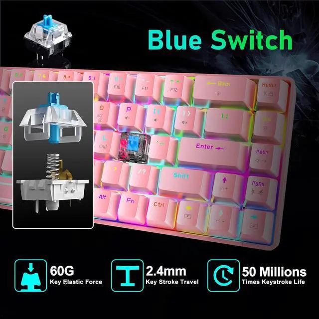 Alt view image 4 of 7 - LexonElec 60% Mechanical Gaming Keyboard and Mouse Combo with Mouse Bungee Mouse Pad,Mini 68 Keys Wired Type C 18 Backlit Effects,Lightweight RGB 6400DPI Honeycomb Mice(Pink/Blue Switch)