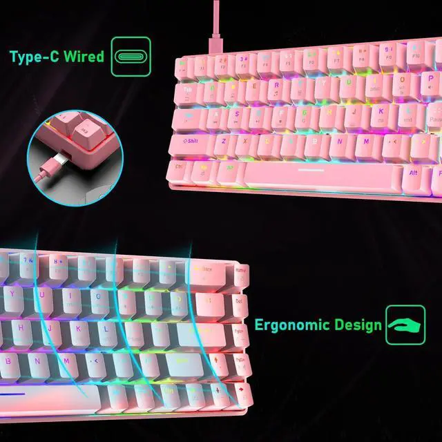 Alt view image 7 of 7 - LexonElec 60% Mechanical Gaming Keyboard and Mouse Combo with Mouse Bungee Mouse Pad,Mini 68 Keys Wired Type C 18 Backlit Effects,Lightweight RGB 6400DPI Honeycomb Mice(Pink/Blue Switch)