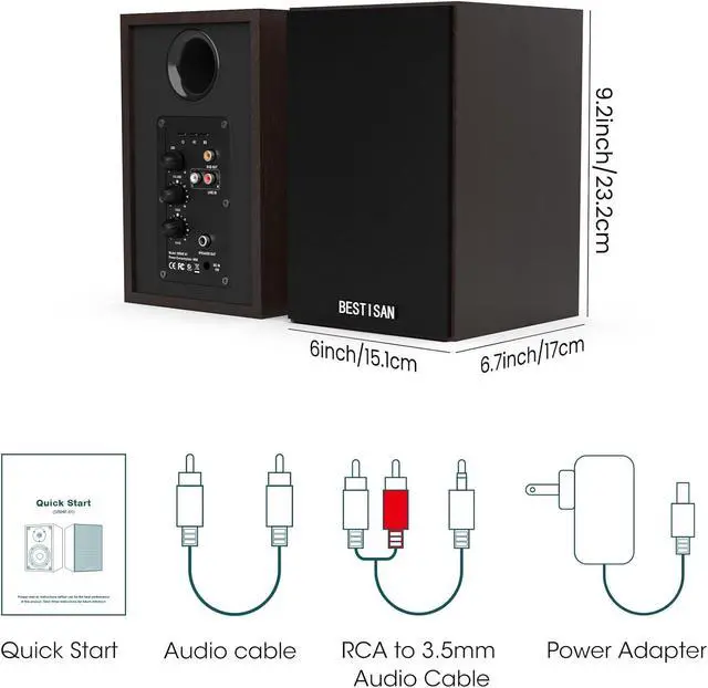 Alt view image 7 of 7 - BESTISAN Bookshelf Speakers, Powered Bluetooth Speakers with RCA Input and Sub Output, Wireless Bluetooth Speakers with 4 Inch Woofer, Wood Grain