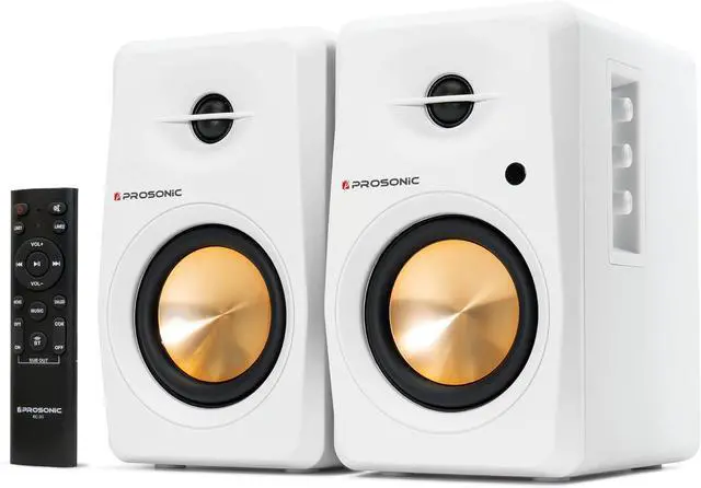 Main image of Active Bluetooth Bookshelf Speaker Studio Monitor Home Theater, Optical Input, Coaxial Input, 2 x RCA Aux Input, 30 Watts x 2 (White)