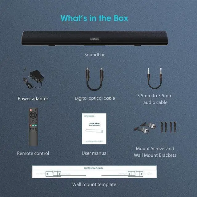 Alt view image 7 of 7 - BESTISAN 100 Watt 40 Inch TV Sound Bar, Home Theater System Wired and Wireless Soundbar Speaker(Bluetooth 5.0, 105dB, Dsp Audio, Bass Adjustable, Wall Mountable)