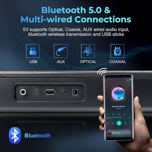 Alt view image 5 of 6 - OXS S3 Sound Bars for TV, Home Theater Audio with Dynamic Bass, 3D Surround Sound System TV Sound Bar, TV Speakers, Bluetooth 5.0/Aux/Optical/Coaxial, 80-Watt, 3Eqs, Wall Mountable, Black