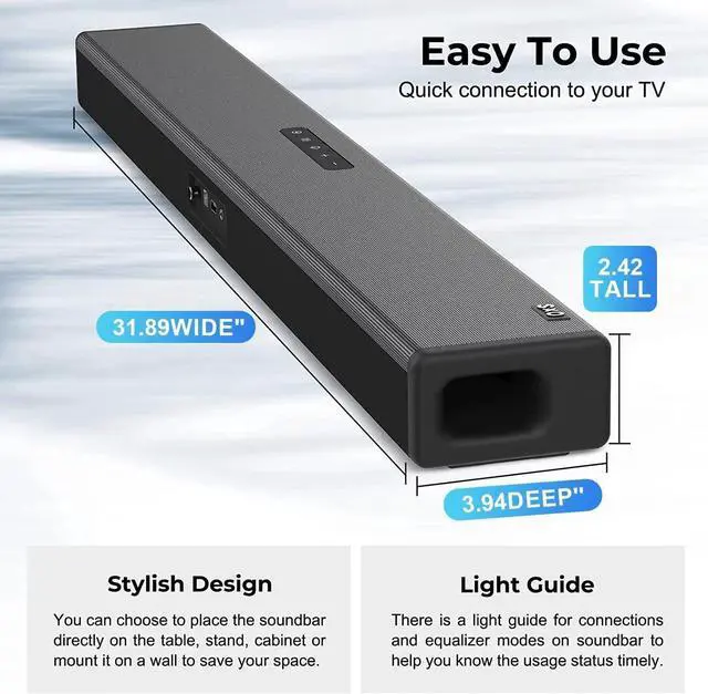 Alt view image 6 of 6 - OXS S3 Sound Bars for TV, Home Theater Audio with Dynamic Bass, 3D Surround Sound System TV Sound Bar, TV Speakers, Bluetooth 5.0/Aux/Optical/Coaxial, 80-Watt, 3Eqs, Wall Mountable, Black