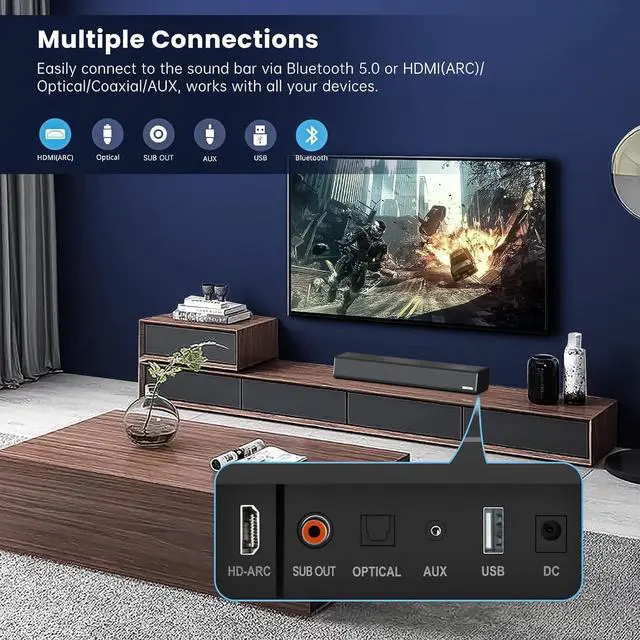 Alt view image 4 of 7 - BESTISAN Sound Bars for TV, PC, Gaming, Monitor, 50 Watts Sound Bar with Bluetooth 5.0/HDMI ARC/Optical/Sub Out/AUX/USB Connections, 3 Audio Modes, Bass Adjustable, 16 Inch, Wall Mountable (Black)