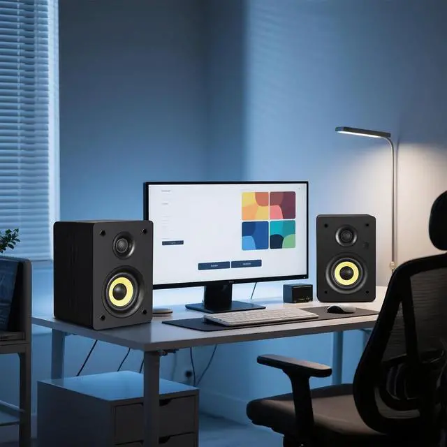 Alt view image 6 of 7 - SW206 4 HiFi Bookshelf Speakers with Studio Mode, 80W Active, Bluetooth 5.4/Optical/Coaxial/TRS/Aux/24bit DAC USB, for Turntable TV PC Desktop, MDF Cabinet, Remote Control, Black