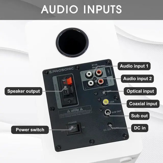 Alt view image 7 of 7 - Active Bluetooth Bookshelf Speaker Studio Monitor Home Theater, Optical Input, Coaxial Input, 2 x RCA Aux Input, 30 Watts x 2 (White)