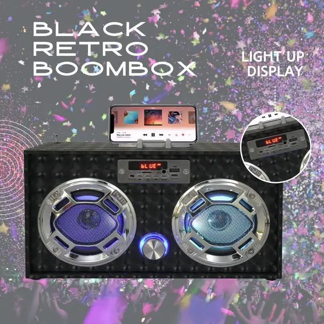 Alt view image 7 of 7 - Boombox Speaker with LED Lights  Retro Bluetooth Speaker w/Enhanced FM Radio - Perfect for Home and Outdoor (Black)