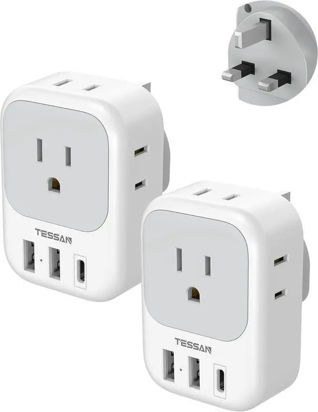 Main image of UK Adapters for Travel 2 Pack, TESSAN Type G US to UK Plug Adapter with 4 Outlets 3 USB Charger(1 USB C Port), Power Adaptor for USA to Ireland Scotland Dubai Hong Kong England British Kenya London