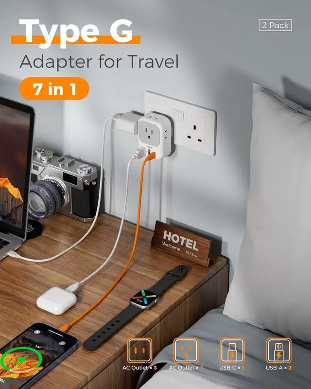 Alt view image 3 of 7 - UK Adapters for Travel 2 Pack, TESSAN Type G US to UK Plug Adapter with 4 Outlets 3 USB Charger(1 USB C Port), Power Adaptor for USA to Ireland Scotland Dubai Hong Kong England British Kenya London