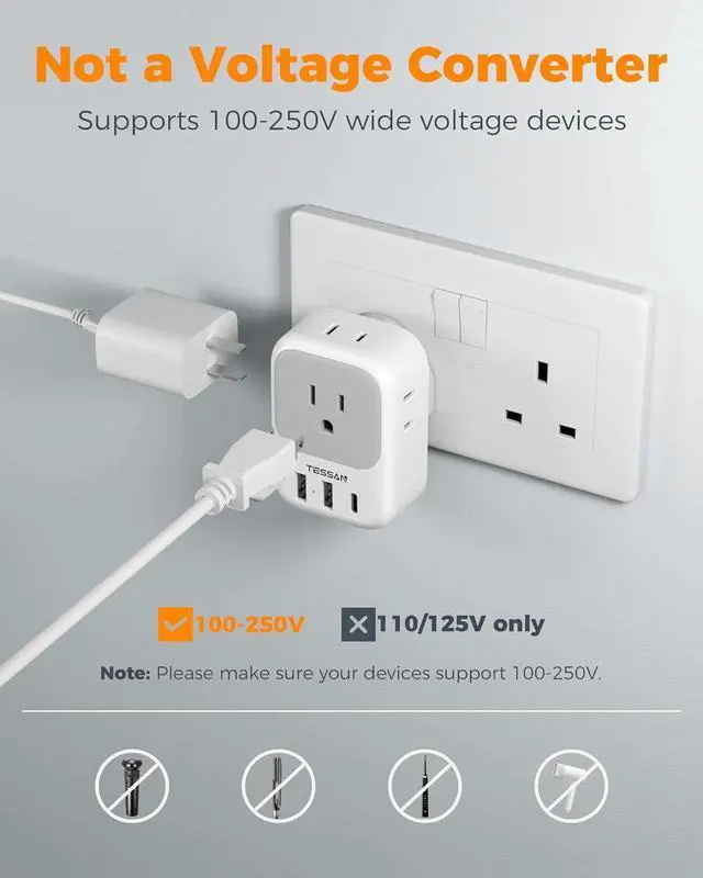 Alt view image 6 of 7 - UK Adapters for Travel 2 Pack, TESSAN Type G US to UK Plug Adapter with 4 Outlets 3 USB Charger(1 USB C Port), Power Adaptor for USA to Ireland Scotland Dubai Hong Kong England British Kenya London