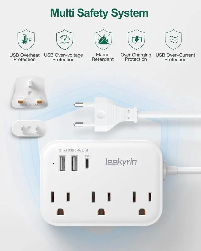 Alt view image 7 of 7 - European Travel Plug Adapter, US to UK Europe Power Strip for EU/UK/US with USB C, 3 USB Ports 3 AC Outlets, 3ft Extension Cord, International Travel Power Strip, Type C for Europe EU Germany France